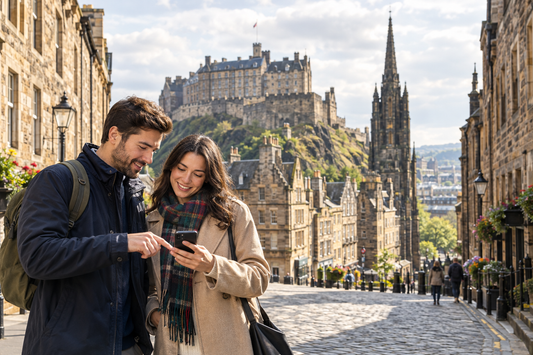 Illustration of adult visitors checking a smartphone in an Edinburgh-style historic street - AloOui eSIM