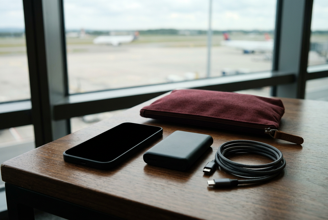 AI-generated airport preparation illustration of a generic blank-screen phone, disconnected power bank and cable, not certified equipment or an Emirates cabin - AloOui eSIM