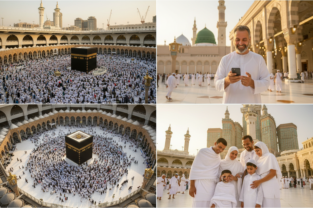 حجاج في المسجد الحرام مكة المكرمة، حاج يتصل بهاتفه في المسجد النبوي المدينة، طواف حول الكعبة، عائلة حجاج تتواصل بهاتفها — eSIM عمرة وحج AloOui - AloOui eSIM