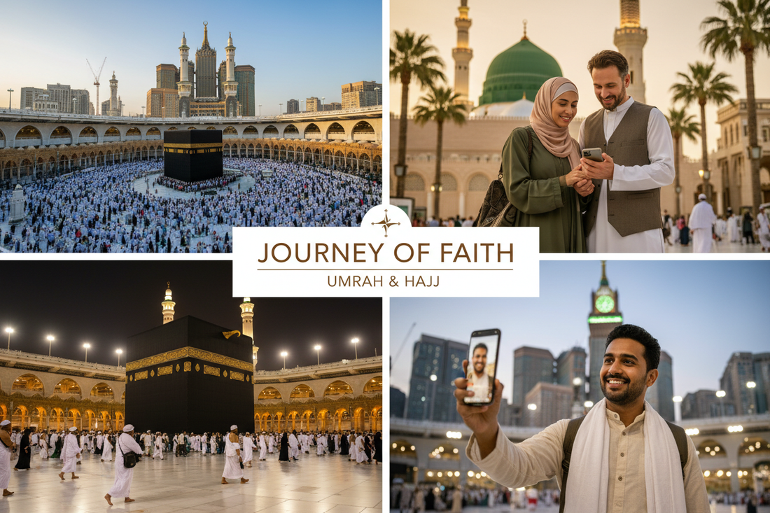 Masjid al-Haram alla Mecca, coppia in preghiera a Medina, Kaaba illuminata di notte, pellegrino con smartphone — eSIM per Umra e Hajj AloOui - AloOui eSIM