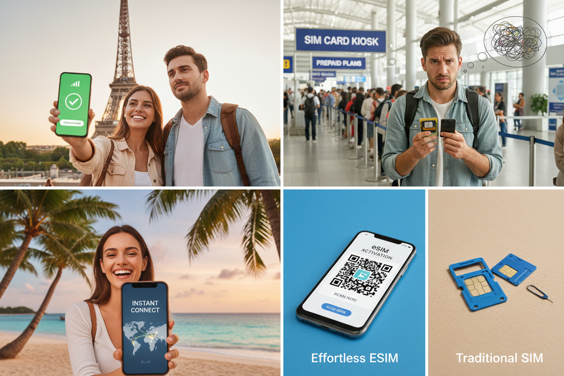 eSIM vs physical SIM card full comparison travelers 2026 instant activation no roaming digital AloOui - AloOui eSIM