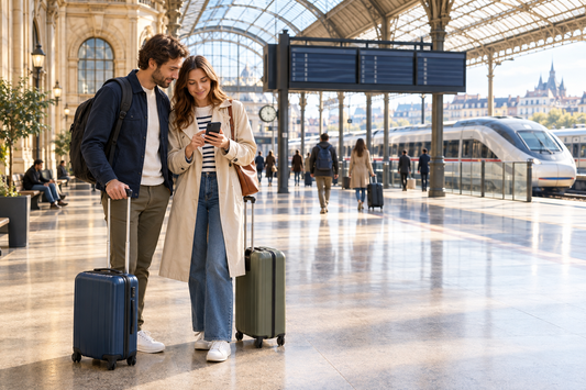 Illustration of travellers checking ticket details in a European railway station concourse - AloOui eSIM