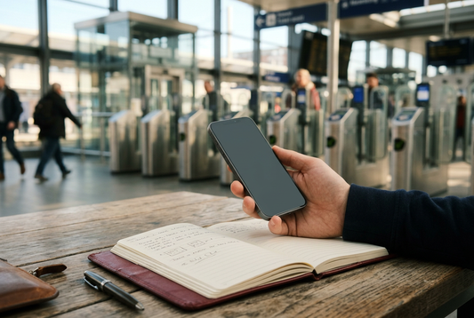 AI-generated illustration of a generic blank-screen smartphone near imagined railway barriers, not a Dutch station, Eurostar ticket or successful scan - AloOui eSIM