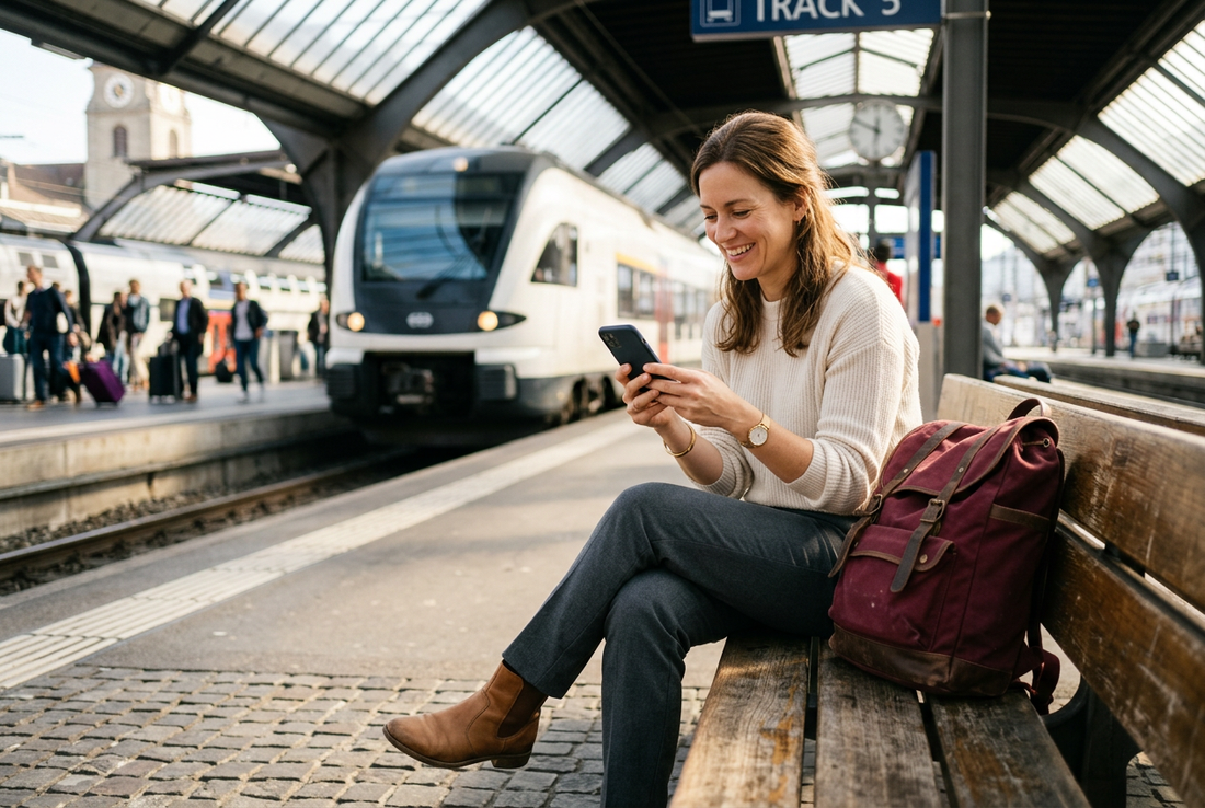 AI-generated travel image of a smiling woman using a generic smartphone beside a burgundy backpack on a European railway platform, not an exact Fairphone depiction. - AloOui eSIM