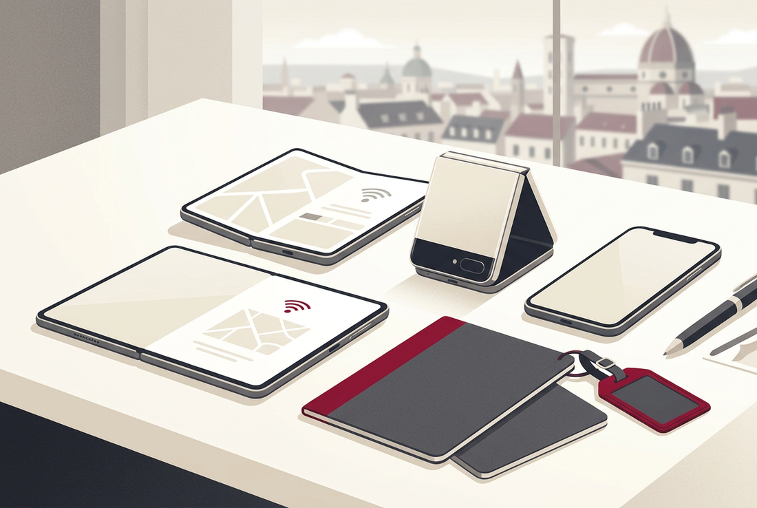 Editorial illustration of generic foldable and conventional smartphones with travel accessories for the Samsung Galaxy travel eSIM model guide; not exact product depictions. - AloOui eSIM