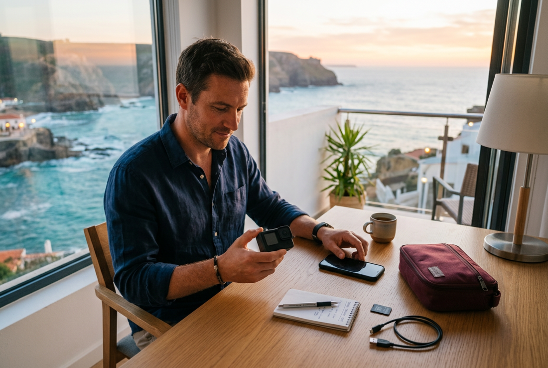 AI-generated editorial image of a traveller holding a generic action camera beside a smartphone and burgundy accessory pouch in a coastal hotel, not a verified GoPro model or cloud-upload demonstration. - AloOui eSIM