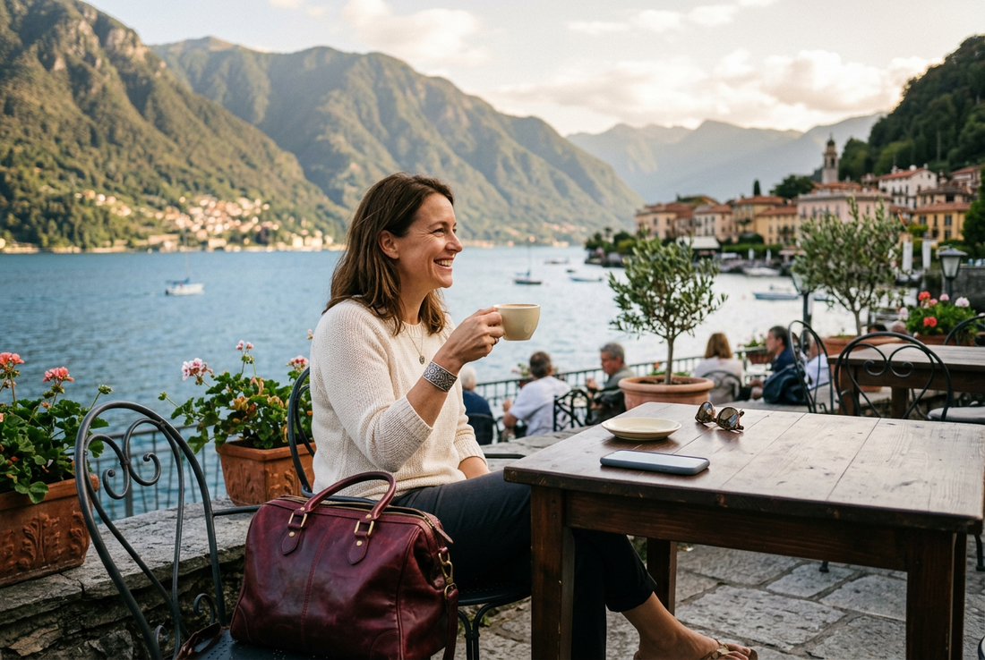 AI-generated travel illustration of a smiling woman enjoying a lakeside cafe with a generic phone resting on the table and a burgundy bag beside her, not an exact HMD Skyline depiction. - AloOui eSIM