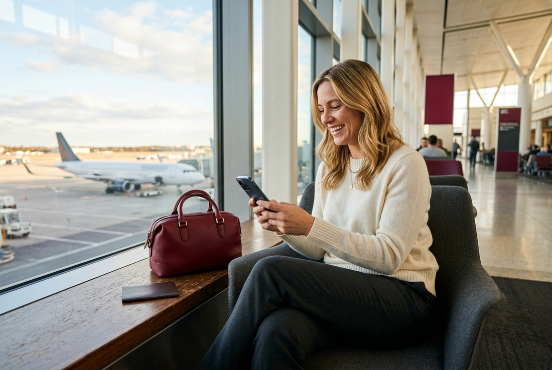 AI-generated image of a smiling traveller using a generic smartphone beside a burgundy bag at an airport window, not an exact HONOR product depiction. - AloOui eSIM