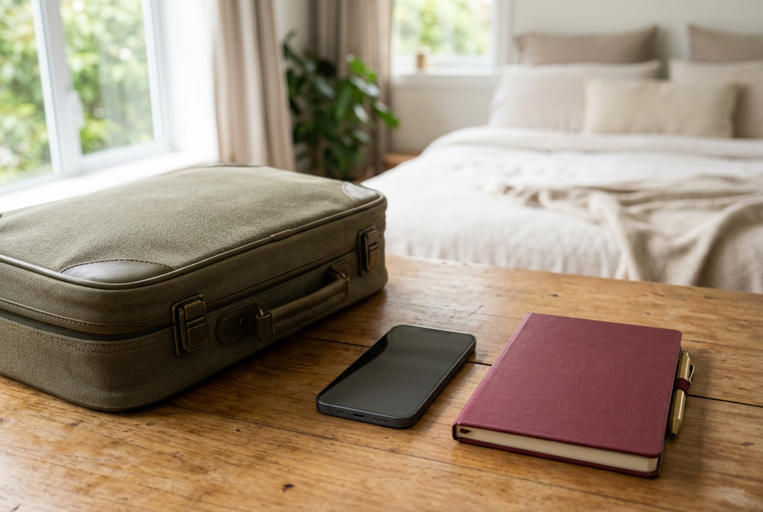 AI-generated pre-trip illustration of a generic blank-screen smartphone beside luggage and a notebook, not an iPhone interface or verified app download - AloOui eSIM