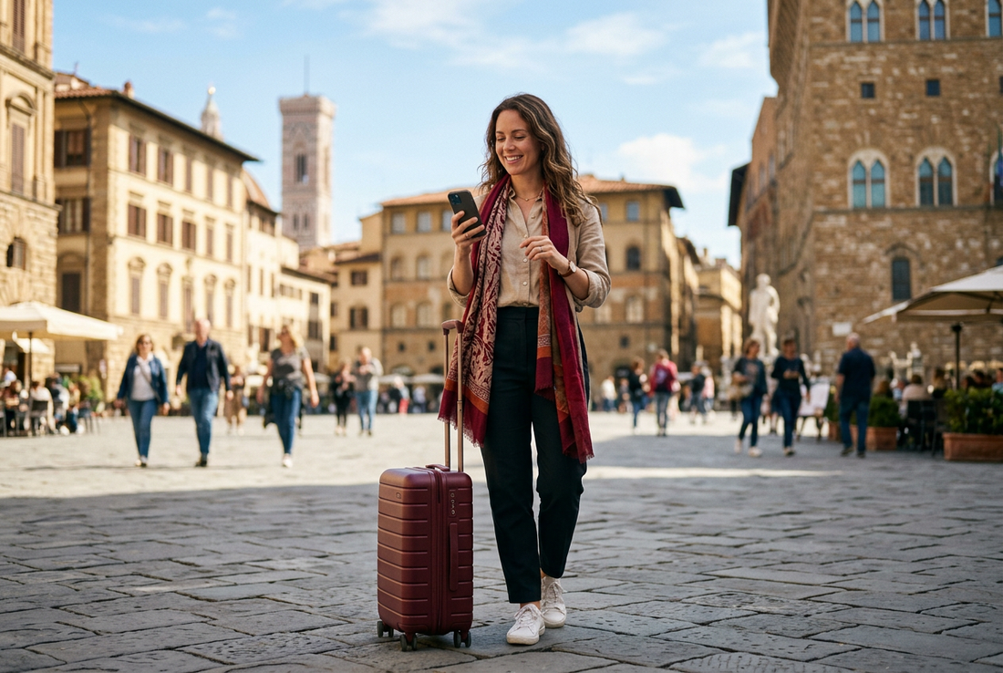 AI-generated travel image of a smiling woman using a smartphone beside burgundy luggage in a European square, for the iPhone travel eSIM guide. - AloOui eSIM