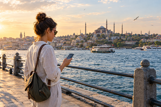 Illustration of a traveller by Istanbul's waterfront for an eSIM versus pocket Wi-Fi guide - AloOui eSIM