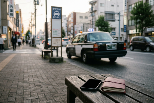 AI-generated illustration of a generic blank-screen phone near an imagined Japanese taxi pickup area, not a GO app screen, assigned taxi or verified location - AloOui eSIM