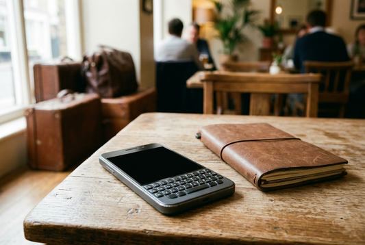 AI-generated illustration of a generic keyboard phone on a café table, not verified Clicks Communicator hardware - AloOui eSIM