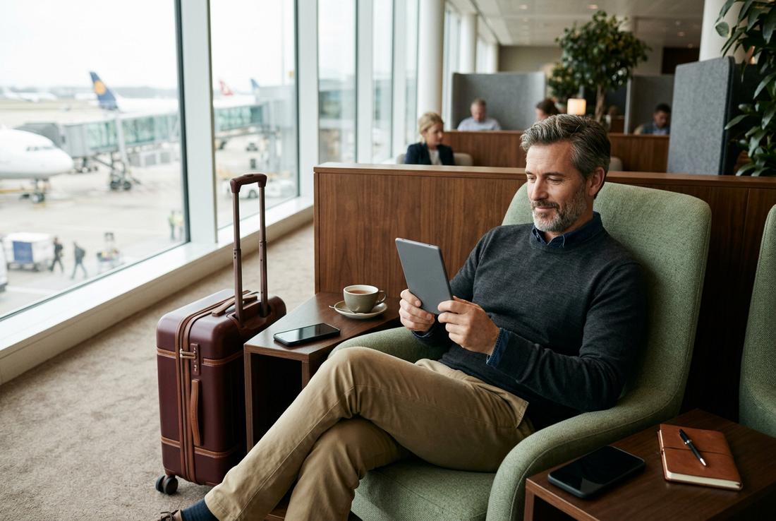 AI-generated editorial image of a traveller reading a generic e-reader in an airport lounge beside a smartphone and burgundy suitcase, not a verified Kindle model or downloaded-library demonstration. - AloOui eSIM