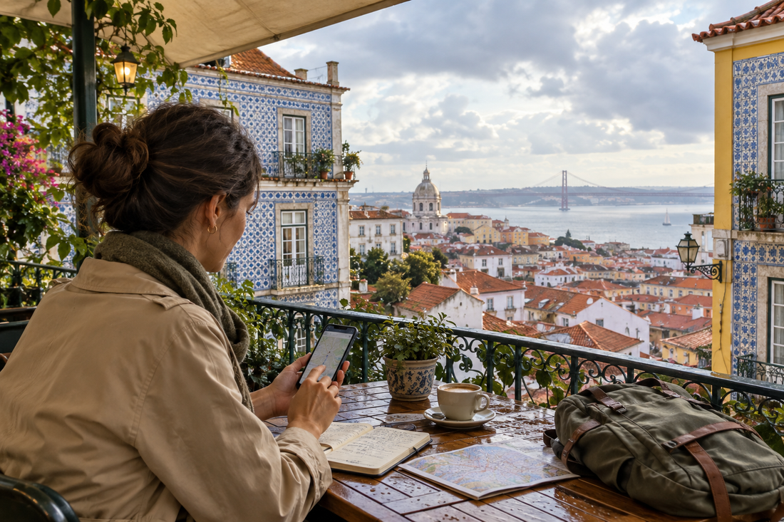 Illustration of a traveller checking a phone from a sheltered Lisbon terrace while planning a day trip - AloOui eSIM