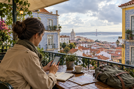 Illustration of a traveller checking a phone from a sheltered Lisbon terrace while planning a day trip - AloOui eSIM
