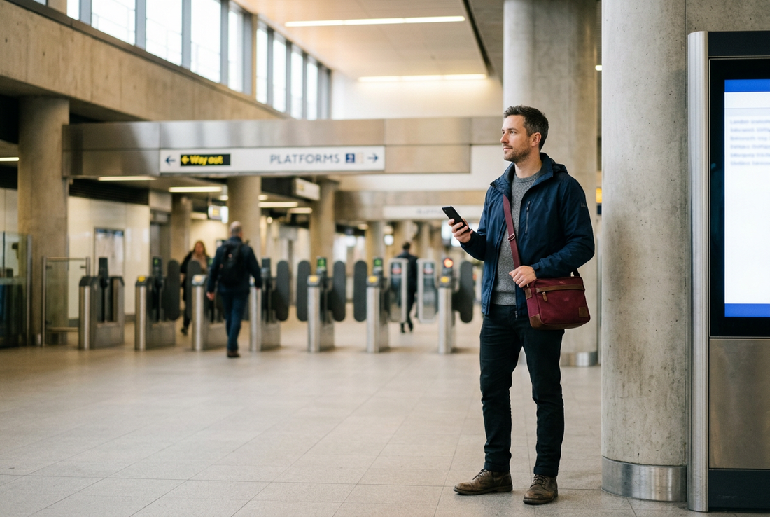 AI-generated editorial image of a traveller holding a generic smartphone beside a station concourse with ticket gates and a burgundy bag, not a verified TfL station or successful Apple Pay transaction. - AloOui eSIM