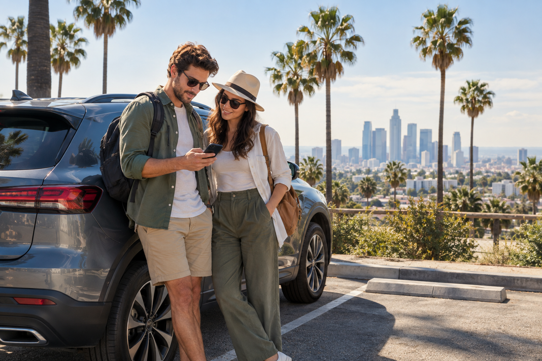 Illustration of travellers checking a phone beside a stationary car in a Los Angeles-style parking area - AloOui eSIM