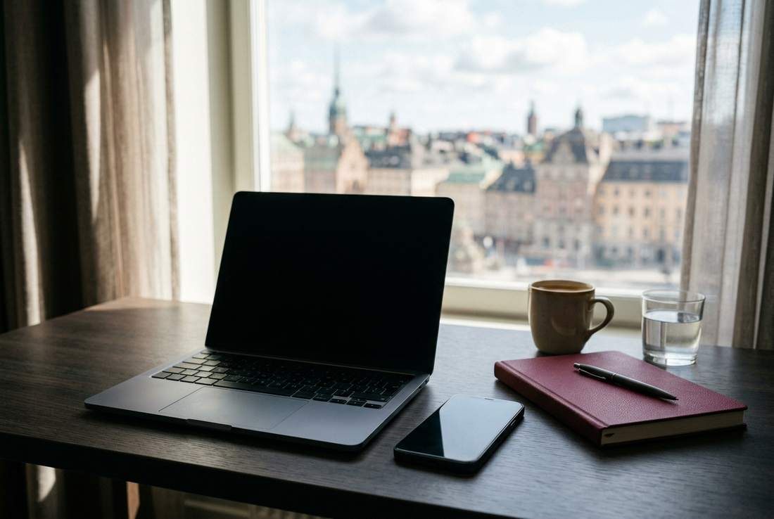 AI-generated travel illustration of a generic blank-screen laptop and smartphone on a hotel desk, not verified Apple hardware or settings - AloOui eSIM