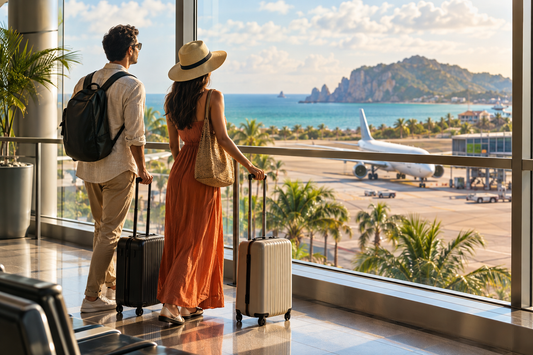 Illustration of travellers in an airport for a Mexico airline-app eSIM data guide - AloOui eSIM