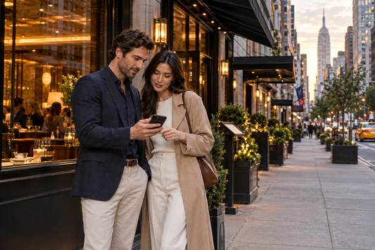Illustration of travellers checking dining details outside an unbranded Manhattan-style restaurant - AloOui eSIM