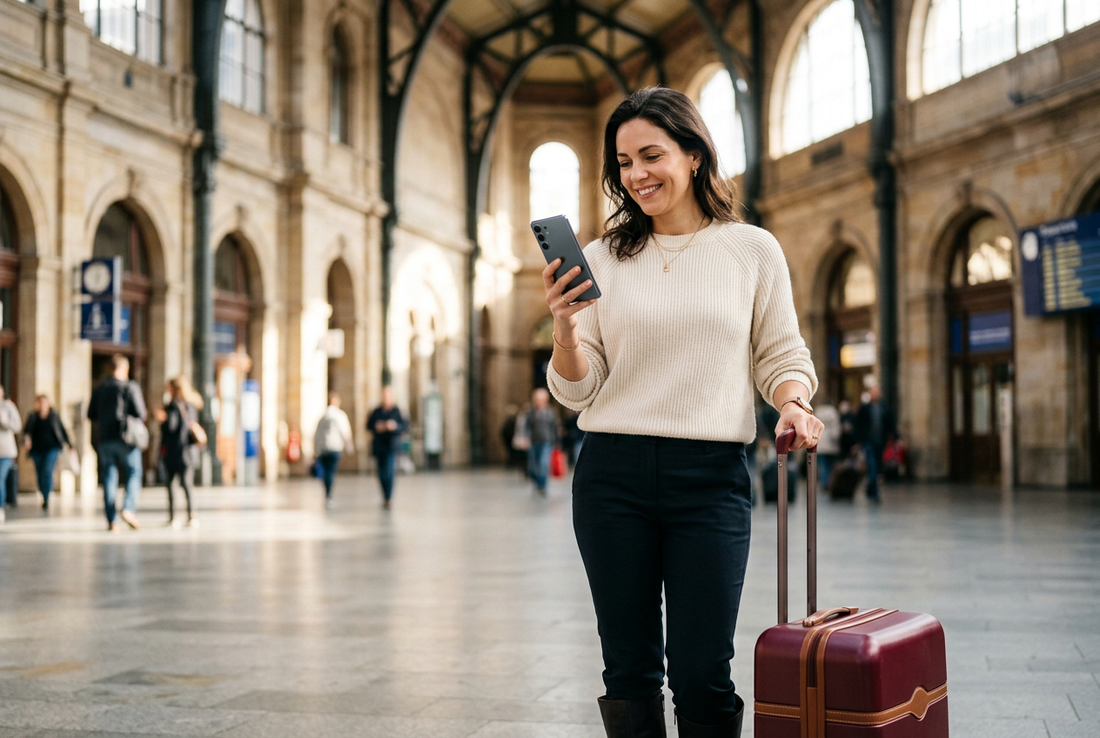 AI-generated image of a smiling woman using a generic smartphone beside burgundy luggage in a railway station, for the OnePlus travel eSIM guide. - AloOui eSIM