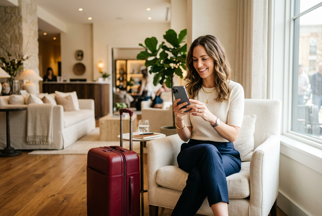 AI-generated travel image of a smiling woman using a generic smartphone beside burgundy luggage in a bright hotel lobby, not an exact OPPO product depiction. - AloOui eSIM
