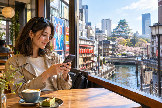Illustration of a traveller checking a smartphone in a quiet Osaka cafe - AloOui eSIM