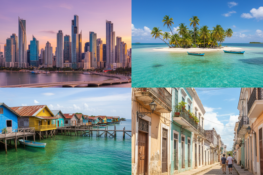 Panama travel collage — Panama City skyline, San Blas Islands, Bocas del Toro, and Casco Viejo | AloOui eSIM guide - AloOui eSIM
