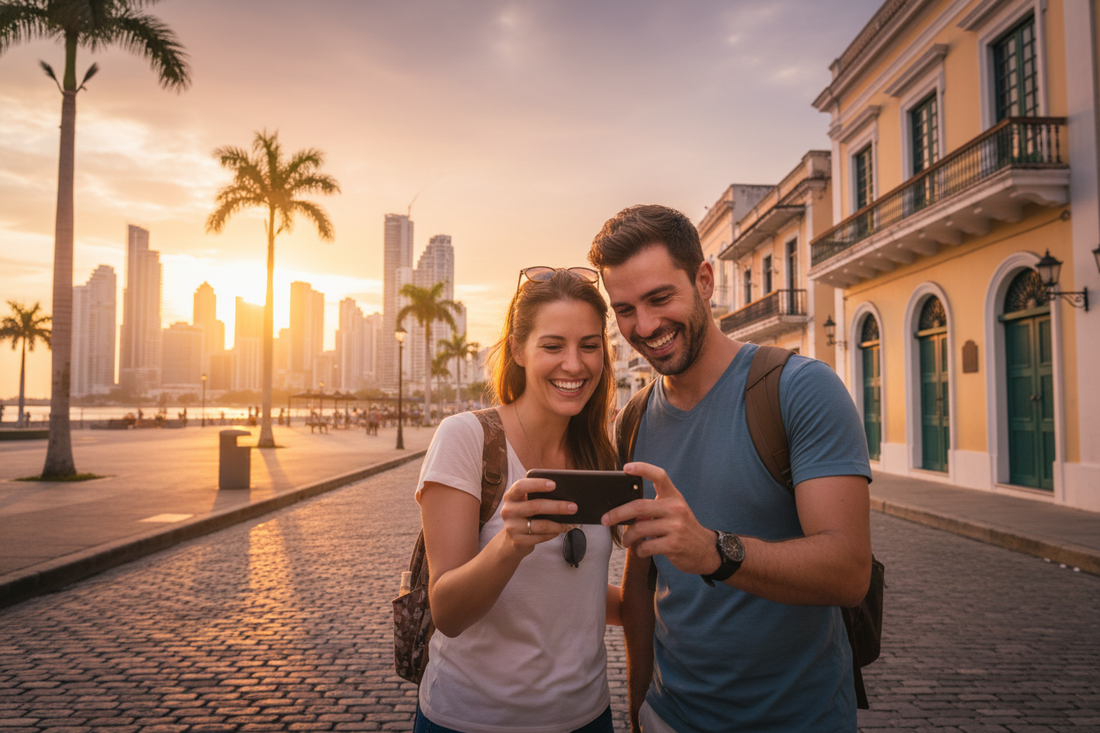 Couple checking phone in Panama City — AloOui eSIM travel guide - AloOui eSIM