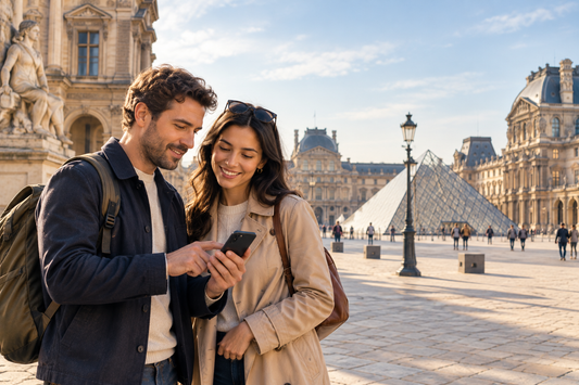 Illustration of travellers reviewing visit details in a Parisian museum courtyard - AloOui eSIM