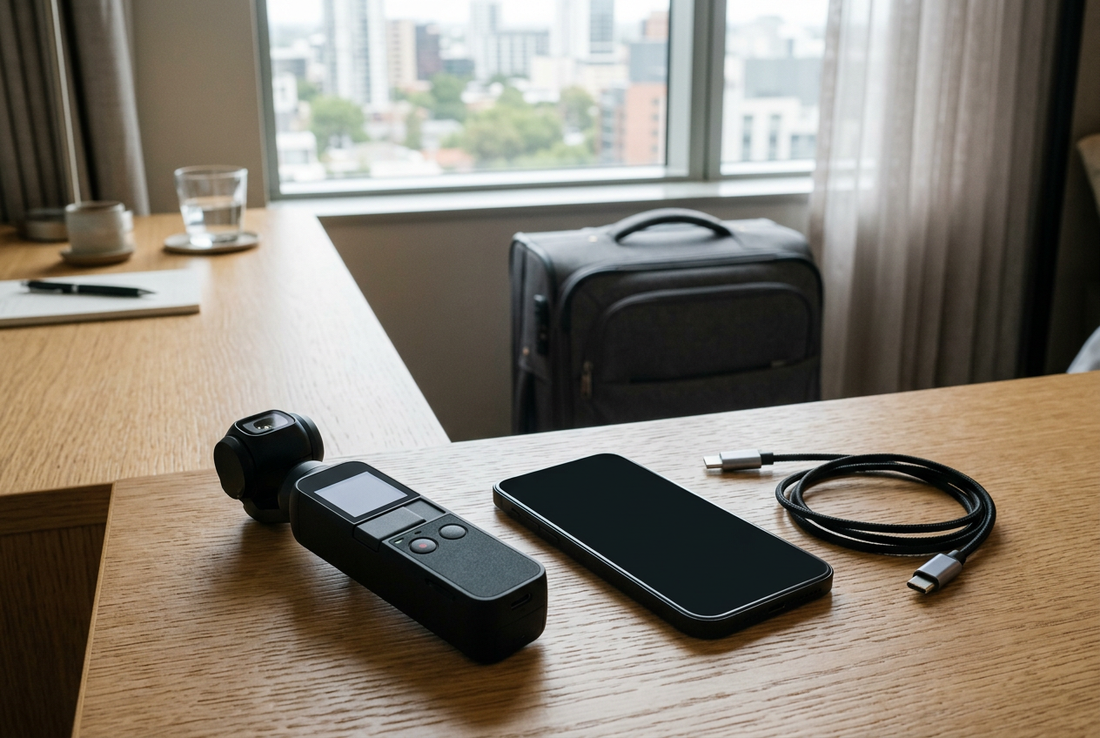 AI-generated travel illustration of a generic handheld gimbal camera, smartphone and USB-C cable on a hotel desk, not verified DJI hardware - AloOui eSIM