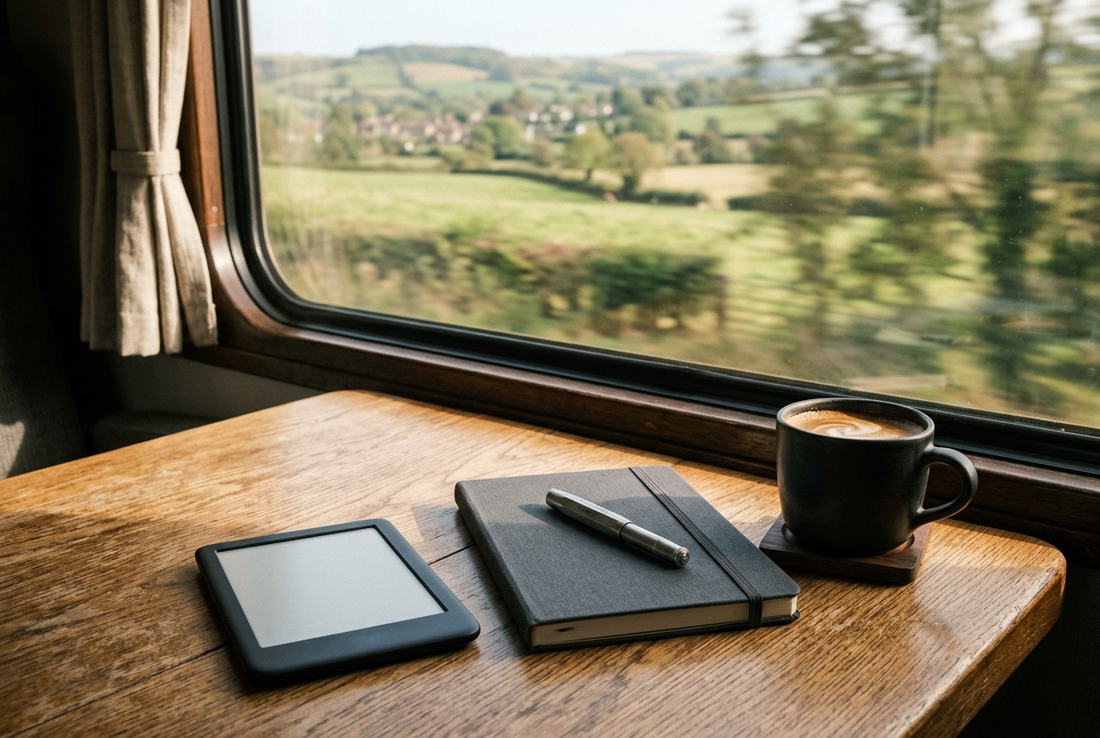 AI-generated illustration of a generic pocket-sized e-paper reader on a train table, not an identified BOOX device - AloOui eSIM