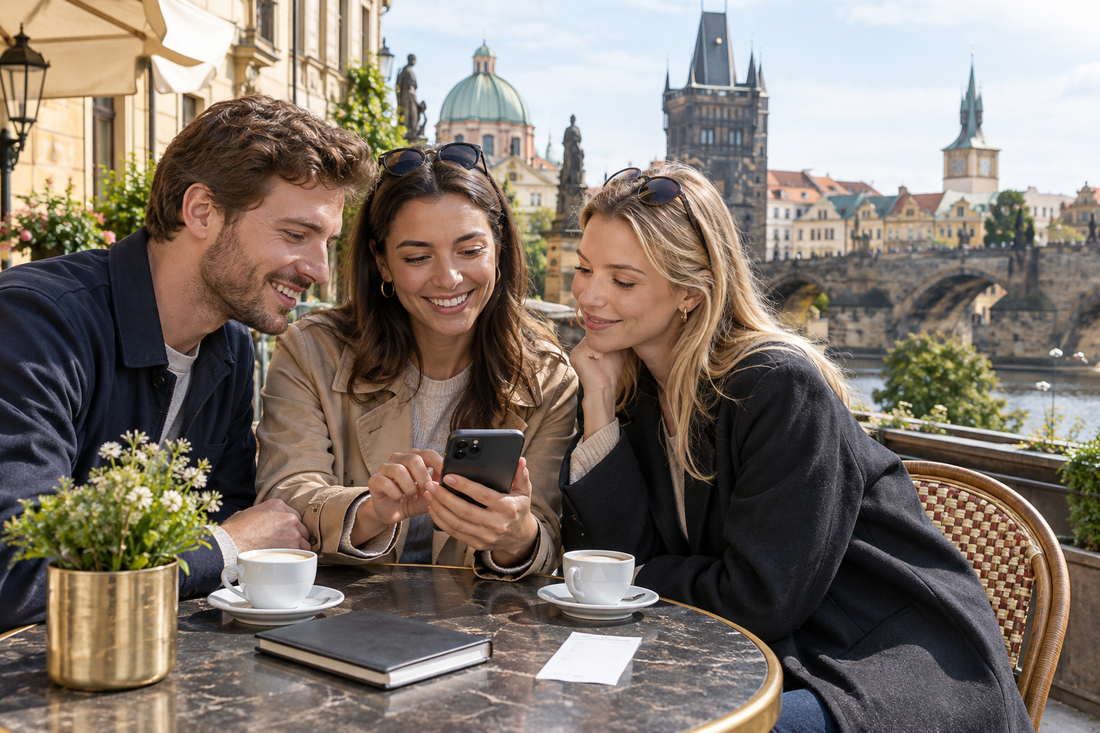 Illustration of adult friends checking a smartphone together at a Prague-style cafe - AloOui eSIM