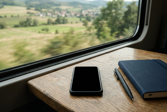 AI-generated illustration of a generic minimalist black smartphone on a train table, not verified Punkt MC02 hardware - AloOui eSIM