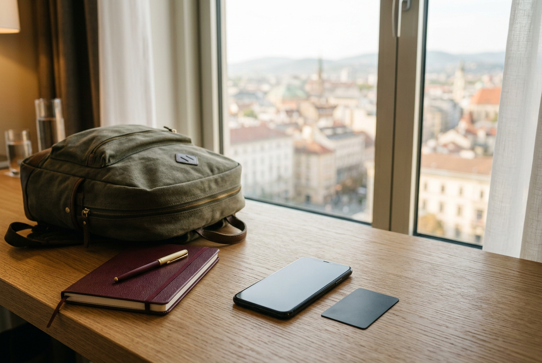 AI-generated travel illustration of a generic blank-screen smartphone and hotel key card on a desk, not an Apple interface or privacy demonstration - AloOui eSIM