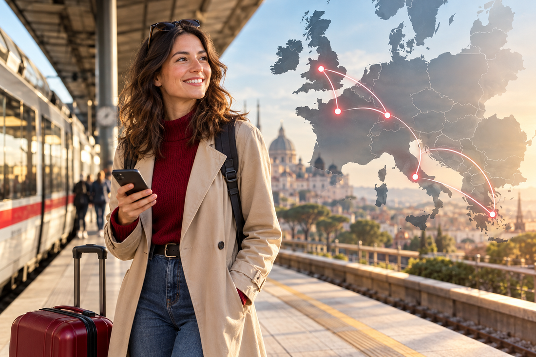 Traveler at a European train station using one AloOui regional eSIM across Paris, London, Zurich, Rome and Athens - AloOui eSIM