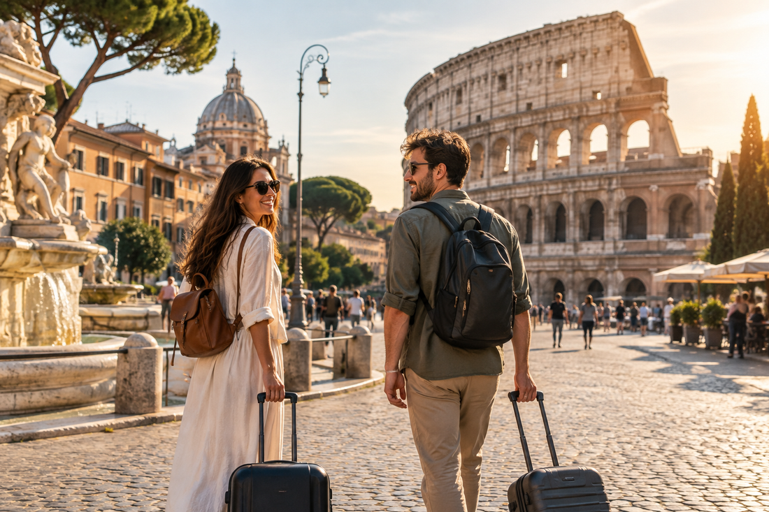 Illustration of travellers in Rome for a guide to choosing eSIM plans across two visits - AloOui eSIM