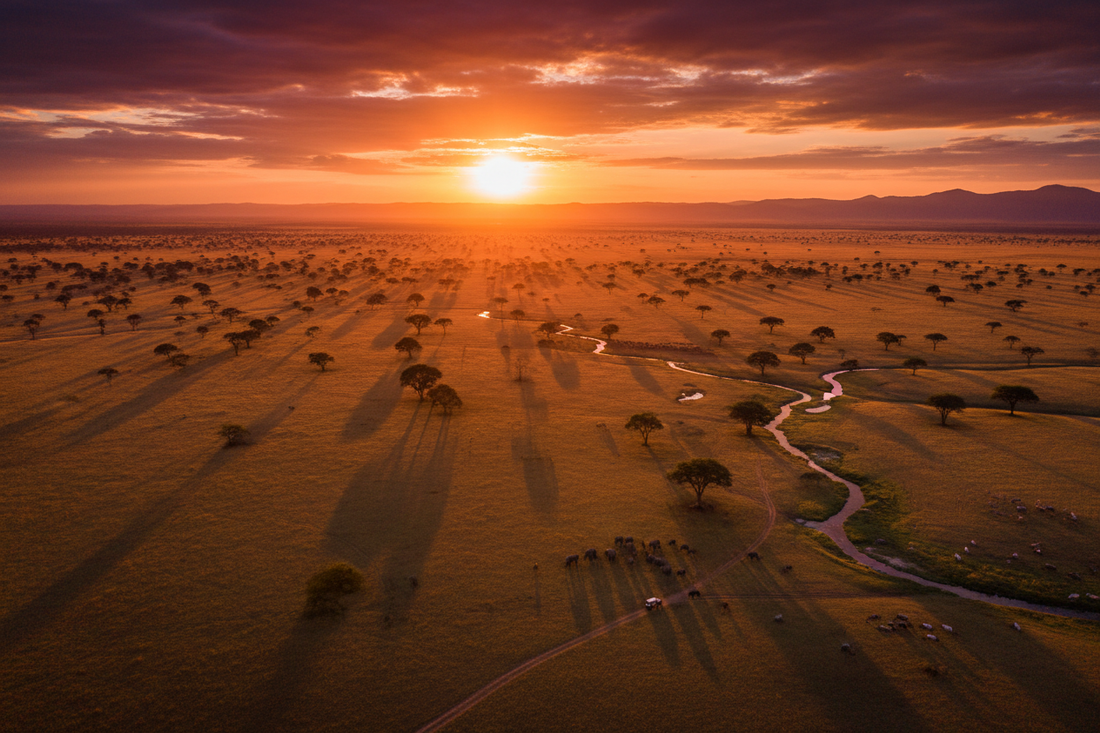 Aerial view of African safari savannah landscape with acacia trees golden grasslands and dramatic sunset sky — AloOui Africa eSIM for safari travel - AloOui eSIM