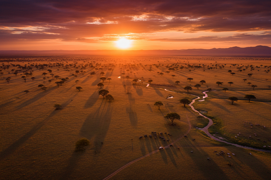 Aerial view of African safari savannah landscape with acacia trees golden grasslands and dramatic sunset sky — AloOui Africa eSIM for safari travel - AloOui eSIM