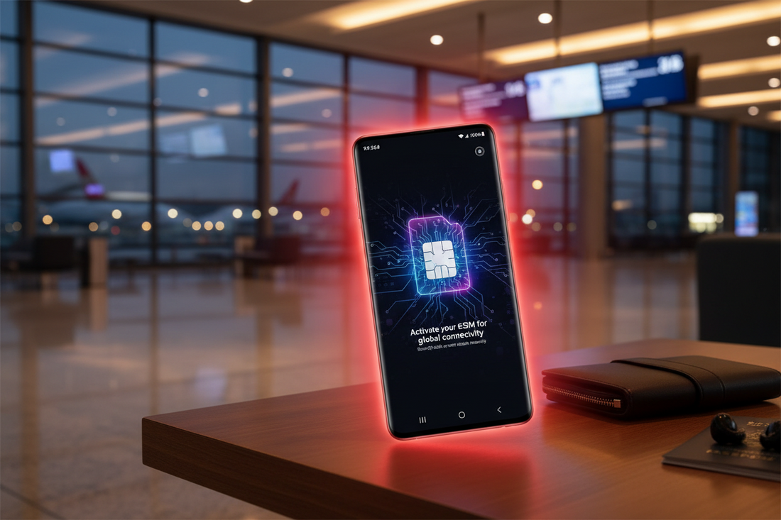 Samsung-style smartphone with an eSIM graphic in an airport terminal, illustrating Galaxy travel-data setup - AloOui eSIM