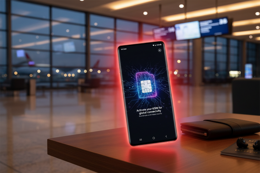 Samsung-style smartphone with an eSIM graphic in an airport terminal, illustrating Galaxy travel-data setup - AloOui eSIM