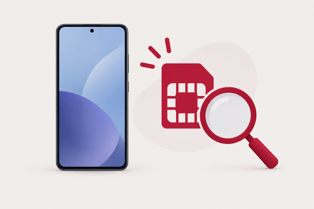Samsung Galaxy missing Add eSIM option guide, illustrated with a smartphone, digital SIM symbol and magnifying glass - AloOui eSIM