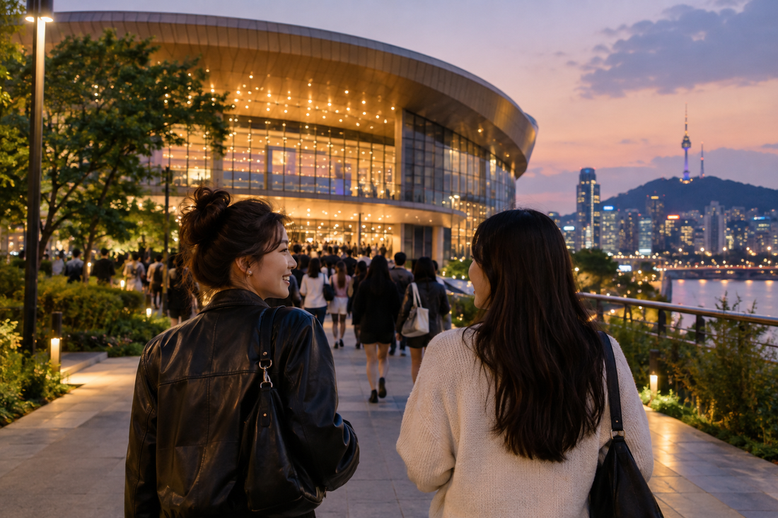 Illustration of friends on a Seoul evening outing for a concert-trip eSIM data guide - AloOui eSIM