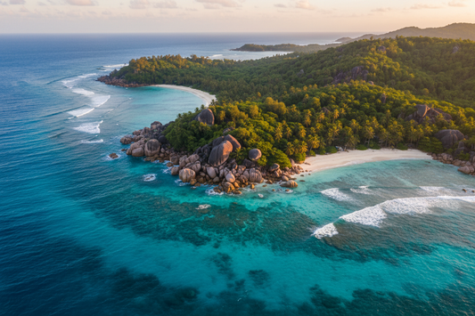 Aerial view of Seychelles Mahé island turquoise Indian Ocean white sand beach with granite boulders and tropical palm trees — AloOui eSIM for Seychelles - AloOui eSIM