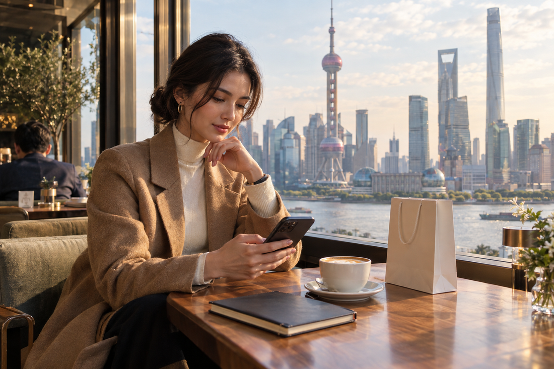 Illustration of a traveller checking a phone beside a shopping bag at a Shanghai cafe - AloOui eSIM