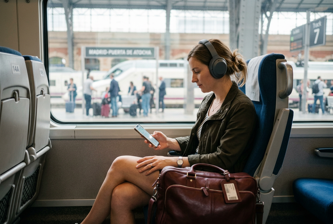 AI-generated editorial image of a traveller wearing headphones and checking a generic smartphone beside a train window with burgundy luggage, not a Spotify interface or verified offline-playback result. - AloOui eSIM