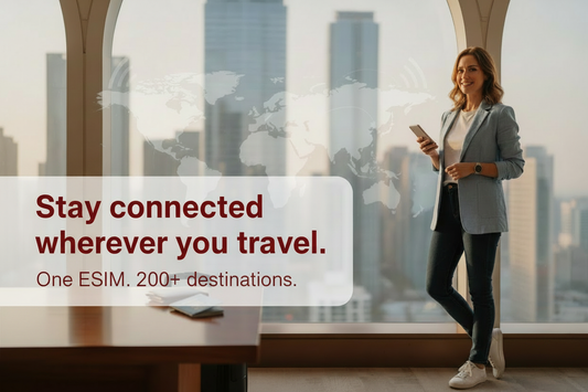 AloOui travel eSIM marketplace graphic about staying connected while traveling - AloOui eSIM