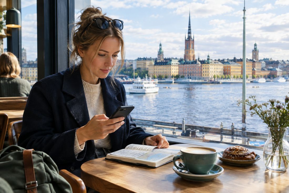 Illustration of a traveller checking a phone and travel notes in a Stockholm waterfront cafe - AloOui eSIM
