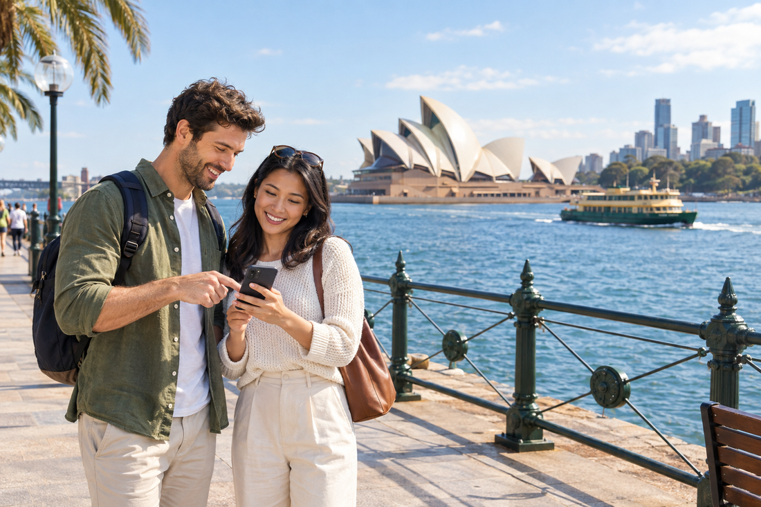 Illustration of travellers checking trip details on a Sydney harbour promenade with a ferry in the distance - AloOui eSIM